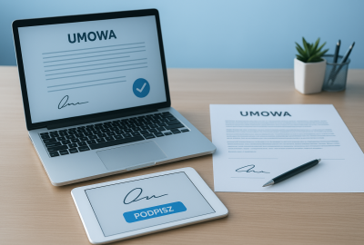 Obrazek przedstawia komputer i umowę jako symbol zawierania zdalnego umowy