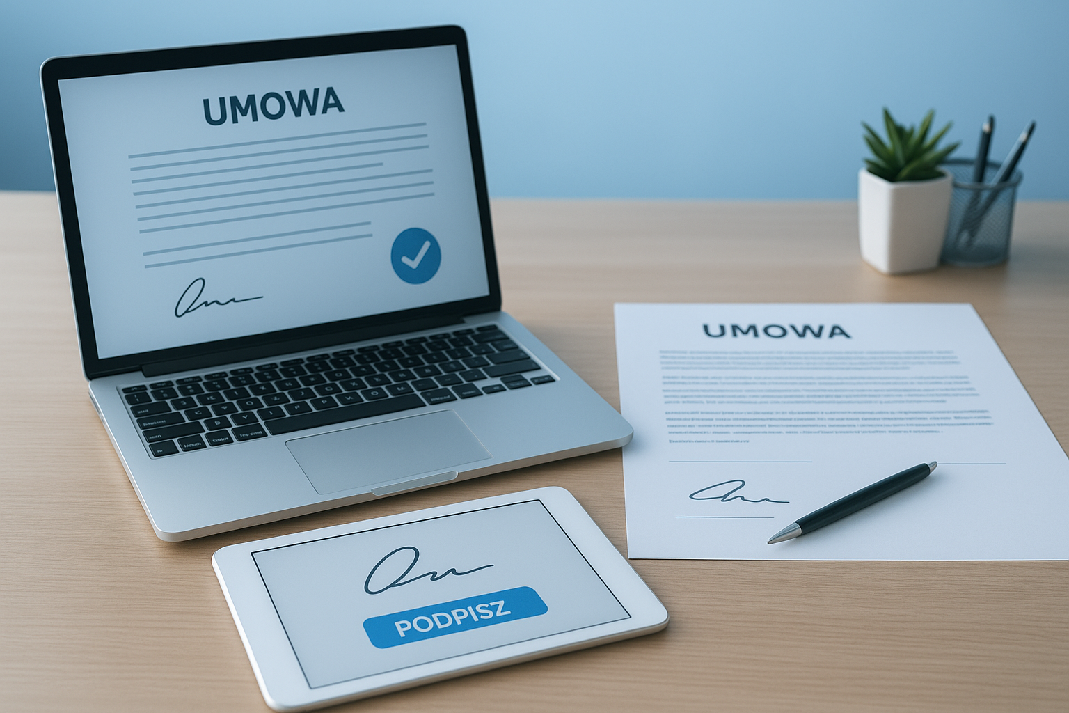 Obrazek przedstawia komputer i umowę jako symbol zawierania zdalnego umowy